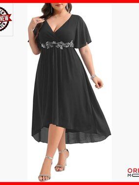 Plus Size Chiffon Cocktail Dress V Neck High Low Hem Wedding Guest